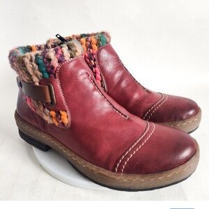 Rieker Boots Felicitas 84 Ankle Pink Red Leather Multicolored Knit Trim Size 38